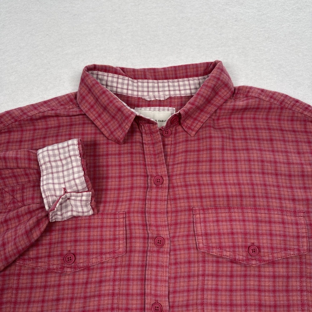 American Eagle Plaid Flannel Shirt Womens Medium M Pink Cropped Button Up